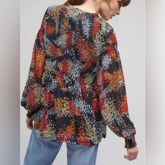 Anthropologie Akemi + Kin Adria Black Floral Smocked Chiffon Mesh Blouse Sz S - Picture 2 of 16